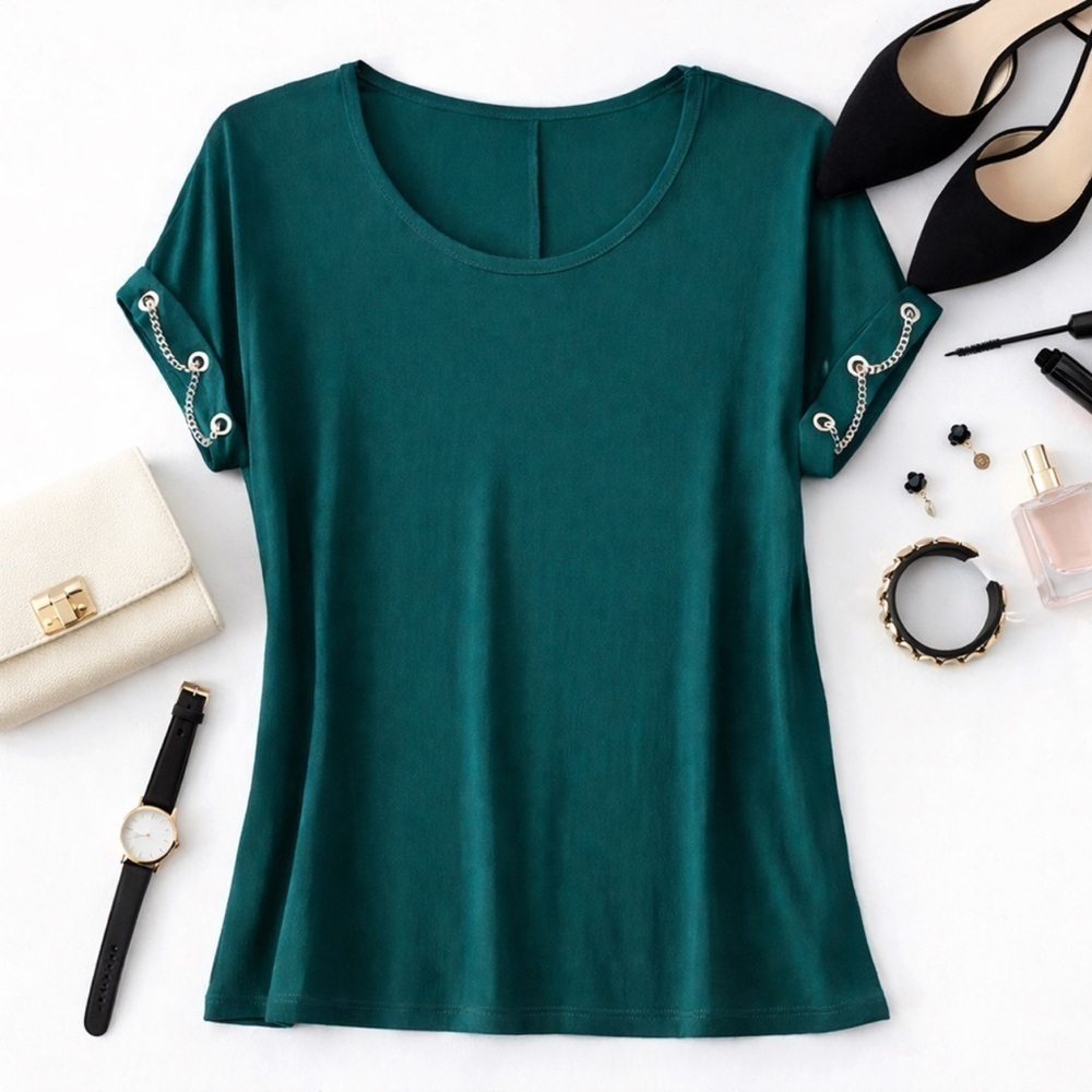 NWOT 89th & Madison Green Round Neck Silver Chain Sleeve S/S Top Petite S